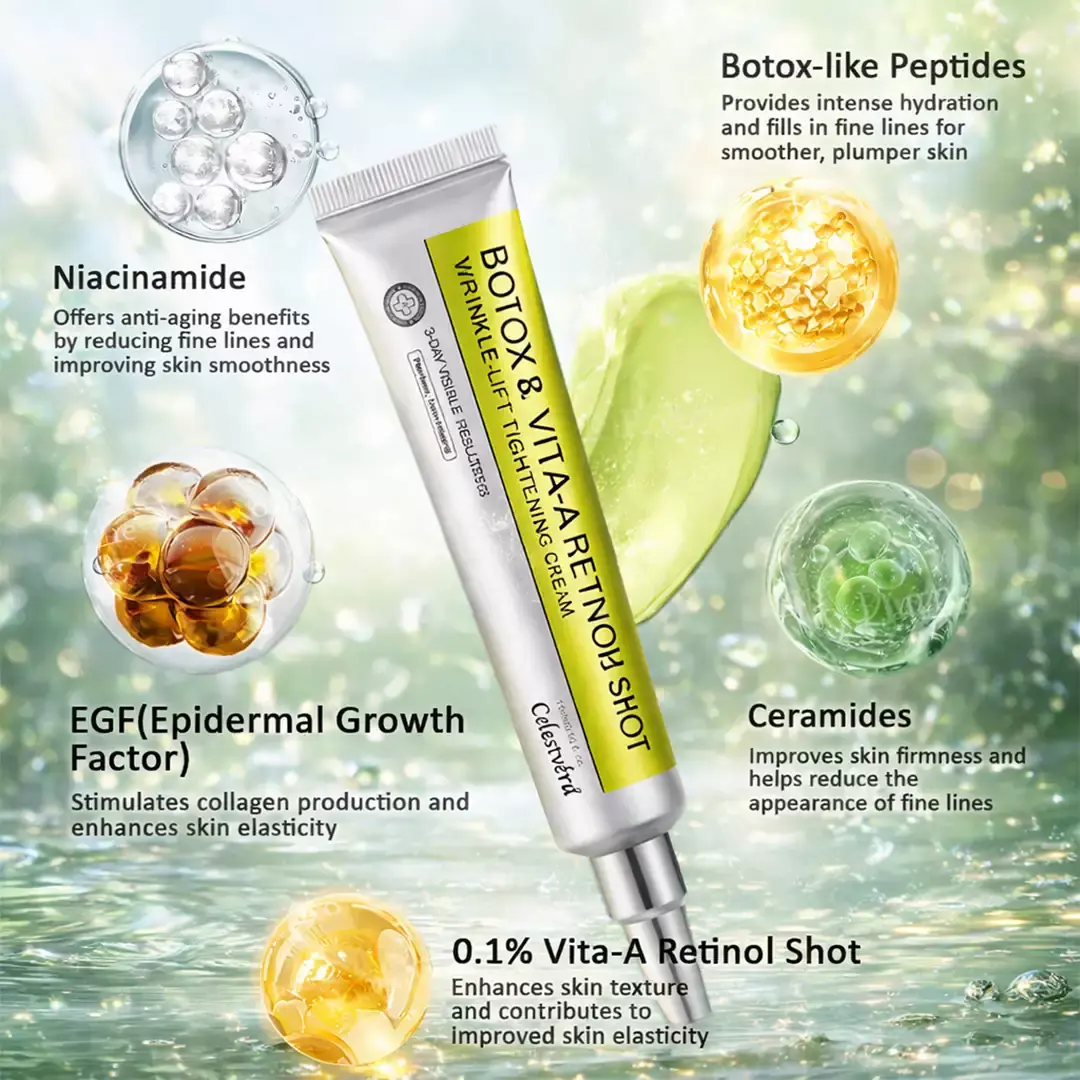 👩⚕️
🏆
Made and shipped from the Canada
Made & shipped from Canada
💫
Celestvéra®
Botox & Vita-A Retinol Shot Wrinkle-Lift Tightening Cream
🔥Last Day Promotion
70% OFF