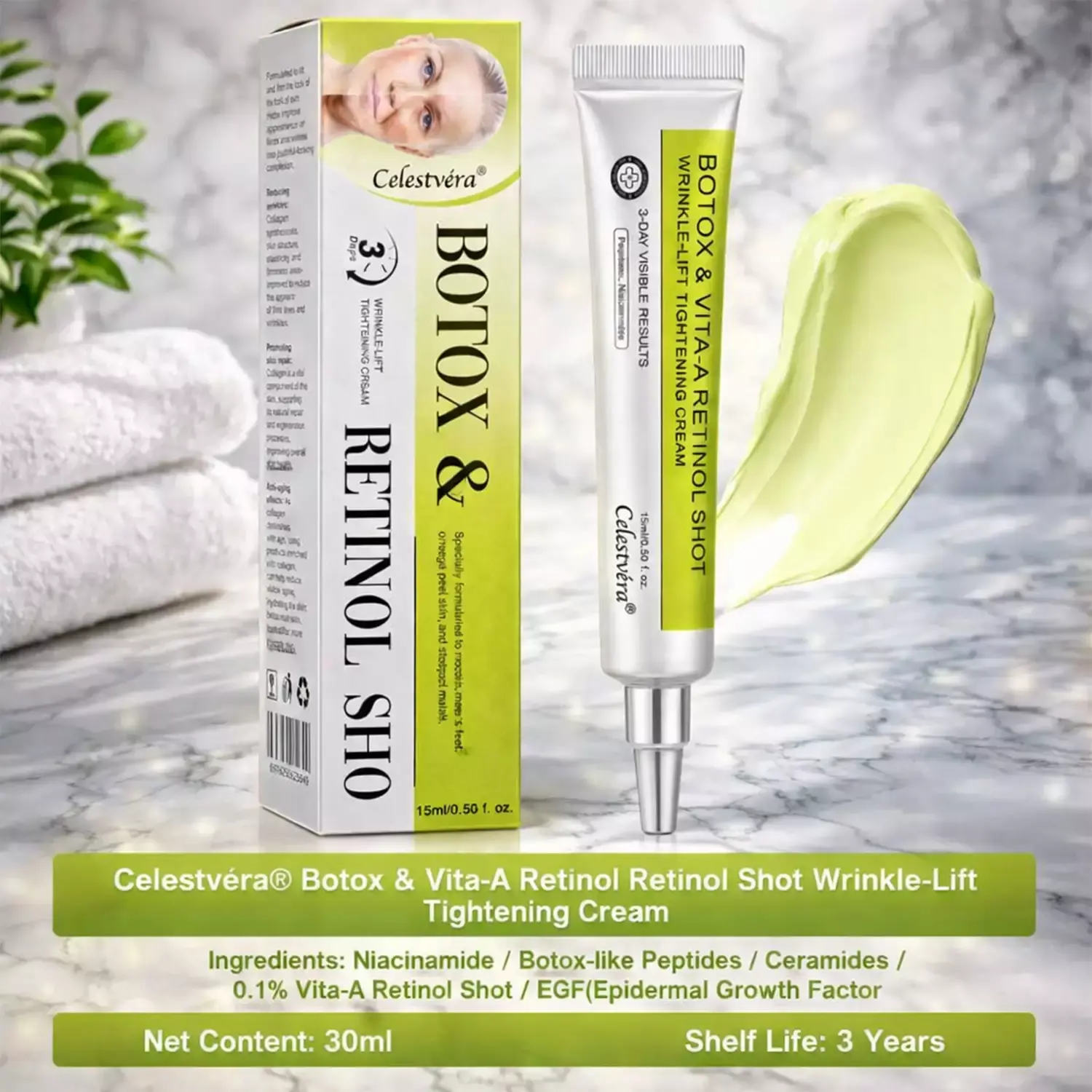 👩⚕️
🏆
Made and shipped from the Canada
Made & shipped from Canada
💫
Celestvéra®
Botox & Vita-A Retinol Shot Wrinkle-Lift Tightening Cream
🔥Last Day Promotion
70% OFF