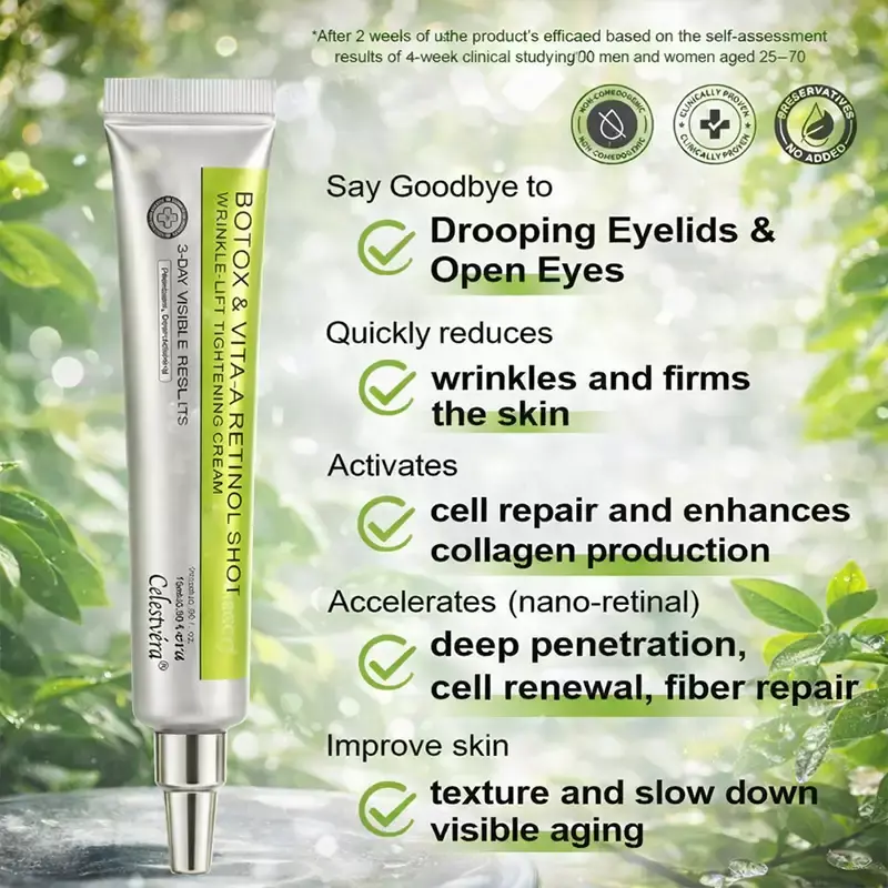 👩⚕️
🏆
Made and shipped from the Canada
Made & shipped from Canada
💫
Celestvéra®
Botox & Vita-A Retinol Shot Wrinkle-Lift Tightening Cream
🔥Last Day Promotion
70% OFF